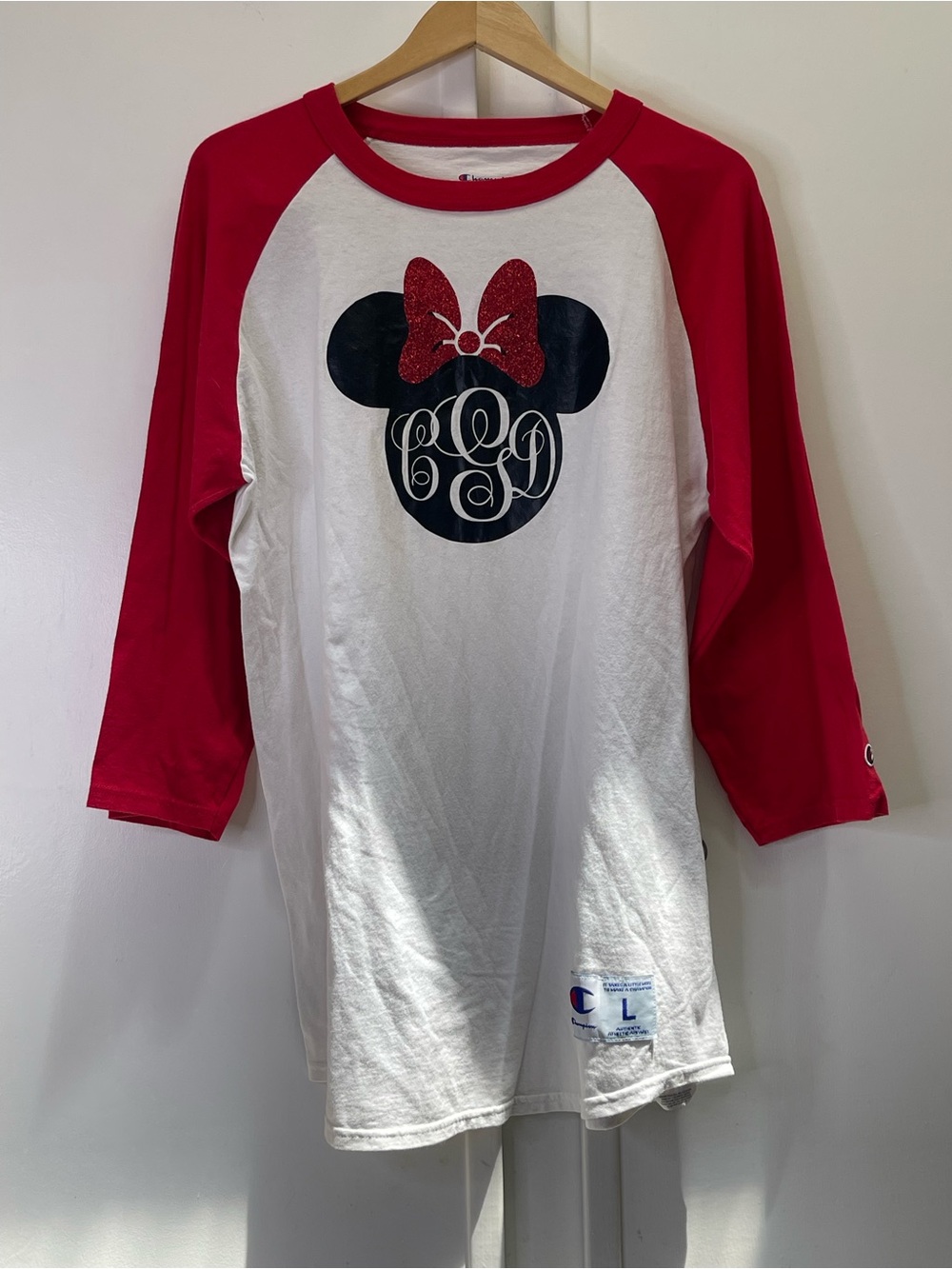 Champion Raglan Baseball Shirt Large L Red White Minnie Mouse Monogram Disney